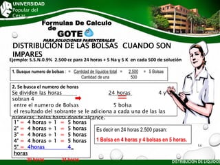 UNIVERSIDAD
Popular del
Cesar
DISTRIBUCIÓN DE LAS BOLSAS CUANDO SON
IMPARES
Formulas De Calculo
de
GOTE
PARA SOLUCIONES PARENTERALES
Ejemplo: S.S.N.0.9% 2.500 cc para 24 horas + 5 Na y 5 K en cada 500 de solución
1. Busque numero de bolsas : = Cantidad de líquidos total = 2.500 = 5 Bolsas
Cantidad de una 500
2. Se busca el numero de horas
Se dividen las horas 24 horas 4 y
sobran 4
entre el numero de Bolsas 5 bolsa
el resultado del sobrante se le adiciona a cada una de las las
primeras bolsa hasta donde alcance.
1° = 4 horas + 1 = 5 horas
2° = 4 horas + 1 = 5 horas
3° = 4 horas + 1 = 5 horas
4° = 4 horas + 1 = 5 horas
5° = 4horas 4_
horas
20 horas 24 horas
Es decir en 24 horas 2.500 pasan:
1 Bolsa en 4 horas y 4 bolsas en 5 horas.
DISTRIBUCIÓN DE LÍQUIDOS
54
 
