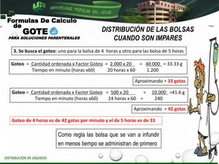 DISTRIBUCIÓN DE LÍQUIDOS
Como regla las bolsa que se van a infundir
en menos tiempo se administran de primero
3. Se busca el goteo: uno para la bolsa de 4 horas y otro para las bolsa de 5 horas
Goteo = Cantidad ordenada x Factor Goteo = 2.000 x 20 = 40.000 = 33.33 g
Tiempo en minuto (horas x60) 20 horas x 60 1.200
Goteo = Cantidad ordenada x Factor Goteo = 500 x 20 = 10.000 =41.6 g
Tiempo en minuto (horas x60) 24 horas x 60 = 240
Aproximando = 33 gotas
Aproximando = 42 gotas
Goteo de 4 horas es de 42 gotas por minuto y el de 5 horas es de 33
Formulas De Calculo
de
GOTE
PARA SOLUCIONES PARENTERALES
DISTRIBUCIÓN DE LAS BOLSAS
CUANDO SON IMPARES
55
 