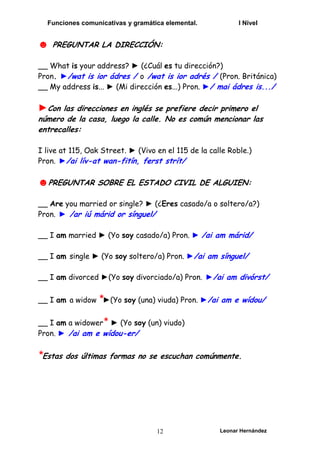 Funciones comunicativas y gramática elemental. I Nivel
Leonar Hernández
12
☻ PREGUNTAR LA DIRECCIÓN:
__ What is your address? ► (¿Cuál es tu dirección?)
Pron. ►/wat is ior ádres / o /wat is ior adrés / (Pron. Británica)
__ My address is... ► (Mi dirección es...) Pron. ►/ mai ádres is.../
►Con las direcciones en inglés se prefiere decir primero el
número de la casa, luego la calle. No es común mencionar las
entrecalles:
I live at 115, Oak Street. ► (Vivo en el 115 de la calle Roble.)
Pron. ►/ai lív-at wan-fitín, ferst strít/
☻PREGUNTAR SOBRE EL ESTADO CIVIL DE ALGUIEN:
__ Are you married or single? ► (¿Eres casado/a o soltero/a?)
Pron. ► /ar iú márid or sínguel/
__ I am married ► (Yo soy casado/a) Pron. ► /ai am márid/
__ I am single ► (Yo soy soltero/a) Pron. ►/ai am sínguel/
__ I am divorced ►(Yo soy divorciado/a) Pron. ►/ai am divórst/
__ I am a widow *►(Yo soy (una) viuda) Pron. ►/ai am e wídou/
__ I am a widower* ► (Yo soy (un) viudo)
Pron. ► /ai am e wídou-er/
*Estas dos últimas formas no se escuchan comúnmente.
 