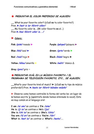 Funciones comunicativas y gramática elemental. I Nivel
Leonar Hernández
13
☻ PREGUNTAR EL COLOR PREFERIDO DE ALGUIEN:
__ What is your favorite color? (¿Cuál es tu color favorito?)
Pron. ►/wat is ior féivrit cólor/
__ My favorite color is... (Mi color favorito es el...)
Pron ►/mai féivrit cólor is.../
► Colors:
Pink /pink/ rosado ►
Blue /blú/ azul ►
Red /red/ rojo ►
Yellow /iélou/ amarillo ►
Gray /grei/ gris ►
Purple /pérpel/ púrpura ►
Green /grin/ verde ►
Black /blak/ negro ►
White /wáit/ blanco ∆
☻PREGUNTAR CUÁL ES LA MÚSICA FAVORITA / EL
PROGRAMA DE TELEVISIÓN FAVORITO, ETC., DE ALGUIEN.
__What’s your favorite kind of music? ► (¿Cuál es tu tipo de música
preferido?) Pron. ►/wats ior féivrit káindov miúsik/
► Observe como hemos contraído la forma del verbo be: en lugar de
is hemos escrito ‘s (apóstrofo donde hemos eliminado la vocal). Esto
es muy común en el lenguaje oral:
I am /ai am/ se contrae a I’m /aim/
He is /ji is/ se contrae a He’s /jis/
She is /chi is/ se contrae a She’s /chis/
You are /iú ar/ se contrae a You’re /iúr/
What is /wat is/ se contrae a What’s /wats/...
 