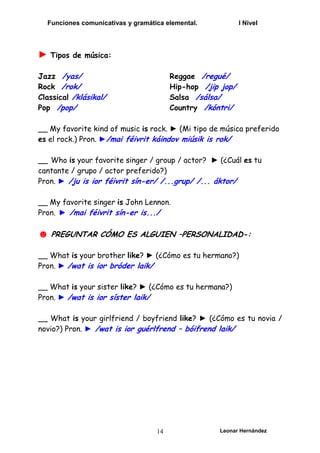 Funciones comunicativas y gramática elemental. I Nivel
Leonar Hernández
14
► Tipos de música:
Jazz /yas/
Rock /rok/
Classical /klásikal/
Pop /pop/
Reggae /regué/
Hip-hop /jip jop/
Salsa /sálsa/
Country /kóntri/
__ My favorite kind of music is rock. ► (Mi tipo de música preferido
es el rock.) Pron. ►/mai féivrit káindov miúsik is rok/
__ Who is your favorite singer / group / actor? ► (¿Cuál es tu
cantante / grupo / actor preferido?)
Pron. ► /ju is ior féivrit sín-er/ /...grup/ /... áktor/
__ My favorite singer is John Lennon.
Pron. ► /mai féivrit sín-er is.../
☻ PREGUNTAR CÓMO ES ALGUIEN –PERSONALIDAD-:
__ What is your brother like? ► (¿Cómo es tu hermano?)
Pron. ► /wat is ior bróder laik/
__ What is your sister like? ► (¿Cómo es tu hermana?)
Pron. ► /wat is ior síster laik/
__ What is your girlfriend / boyfriend like? ► (¿Cómo es tu novia /
novio?) Pron. ► /wat is ior guérlfrend – bóifrend laik/
 