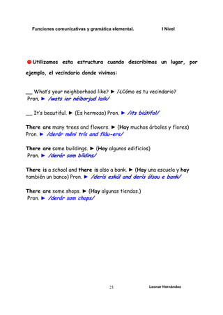 Funciones comunicativas y gramática elemental. I Nivel
Leonar Hernández
21
☻Utilizamos esta estructura cuando describimos un lugar, por
ejemplo, el vecindario donde vivimos:
__ What’s your neighborhood like? ► /¿Cómo es tu vecindario?
Pron. ► /wats ior néiborjud laik/
__ It’s beautiful. ► (Es hermoso) Pron. ► /its biútifol/
There are many trees and flowers. ► (Hay muchos árboles y flores)
Pron. ► /derár méni trís and fláu-ers/
There are some buildings. ► (Hay algunos edificios)
Pron. ► /derár som bíldins/
There is a school and there is also a bank. ► (Hay una escuela y hay
también un banco) Pron. ► /derís eskúl and derís ólsou e bank/
There are some shops. ► (Hay algunas tiendas.)
Pron. ► /derár som chops/
 