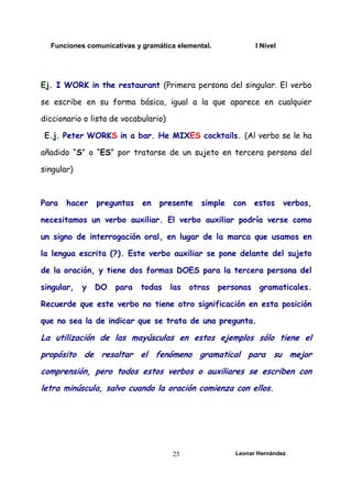 Funciones comunicativas y gramática elemental. I Nivel
Leonar Hernández
25
Ej. I WORK in the restaurant (Primera persona del singular. El verbo
se escribe en su forma básica, igual a la que aparece en cualquier
diccionario o lista de vocabulario)
E.j. Peter WORKS in a bar. He MIXES cocktails. (Al verbo se le ha
añadido “S” o “ES” por tratarse de un sujeto en tercera persona del
singular)
Para hacer preguntas en presente simple con estos verbos,
necesitamos un verbo auxiliar. El verbo auxiliar podría verse como
un signo de interrogación oral, en lugar de la marca que usamos en
la lengua escrita (?). Este verbo auxiliar se pone delante del sujeto
de la oración, y tiene dos formas DOES para la tercera persona del
singular, y DO para todas las otras personas gramaticales.
Recuerde que este verbo no tiene otro significación en esta posición
que no sea la de indicar que se trata de una pregunta.
La utilización de las mayúsculas en estos ejemplos sólo tiene el
propósito de resaltar el fenómeno gramatical para su mejor
comprensión, pero todos estos verbos o auxiliares se escriben con
letra minúscula, salvo cuando la oración comienza con ellos.
 