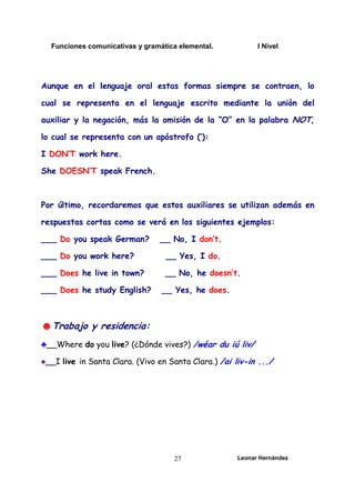 Funciones comunicativas y gramática elemental. I Nivel
Leonar Hernández
27
Aunque en el lenguaje oral estas formas siempre se contraen, lo
cual se representa en el lenguaje escrito mediante la unión del
auxiliar y la negación, más la omisión de la “O” en la palabra NOT,
lo cual se representa con un apóstrofo (’):
I DON’T work here.
She DOESN’T speak French.
Por último, recordaremos que estos auxiliares se utilizan además en
respuestas cortas como se verá en los siguientes ejemplos:
___ Do you speak German? __ No, I don’t.
___ Do you work here? __ Yes, I do.
___ Does he live in town? __ No, he doesn’t.
___ Does he study English? __ Yes, he does.
☻Trabajo y residencia:
♣__Where do you live? (¿Dónde vives?) /wéar du iú liv/
♠__I live in Santa Clara. (Vivo en Santa Clara.) /ai liv-in .../
 