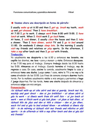 Funciones comunicativas y gramática elemental. I Nivel
Leonar Hernández
31
☻ Veamos ahora una descripción en forma de párrafo:
I usually wake up at 6:30 and then I get up, brush my teeth, wash
up and get dressed. Then I have breakfast.
At 7:30 I go to work. I always work from 8:00 until 5:00. I have
lunch at work. When I finish work I go back home.
At home, I cook dinner, I usually clean the house and then I take
a shower. Then I have dinner, watch TV and I go to bed around
11:00. On weekends I always sleep late. In the morning I usually
visit my friends and relatives or play sports. In the afternoon, I
take a nap after lunch and then I go out with friends.
Traducción:
Yo usualmente me despierto a las 6:30 y entonces me levanto, me
cepillo los dientes, me lavo –cara y manos- y visto. Entonces desayuno.
A las 7:30 voy para el trabajo. Siempre trabajo desde las 8:30 hasta
las 5:00. Almuerzo en el trabajo. Cuando termino el trabajo, voy de
regreso a casa. En casa, cocino la comida, usualmente limpio la casa y
entonces tomo una ducha. Luego como / ceno, miro la TV y me voy a la
cama alrededor de las 11:00. Los fines de semana siempre duermo hasta
tarde. Por la mañana usualmente visito a mis amigos y parientes o hago
/ juego deportes. Por las tarde, tomo una siesta después de almuerzo y
entonces salgo con mis amigos.
Pronunciación:
/ai iúchuali wéik-op at siks zérti and den ai gueróp, broch mai tíz,
wachóp and guet drest - den ai jav bréikfast – at séven zérti ai
góu tu werk - ai ólweis werk from éit ontíl faiv - ai jav lonch at
werk - wen ai fínich werk ai góu bak jóum – at jóum ai kuk díner, ai
iúchuali klin de jáus and den ai téik e cháuer – den ai jav díner,
wach tiví and ai góu tu bed aráund iléven – on wikénds ai ólweis slip
léit – in de mórning ai iúchuali vísit mai frends and rélativs or pléi
sports – in de afternún ai téik e nap áfter lonch and den ai góu áut
wiz frends/
 