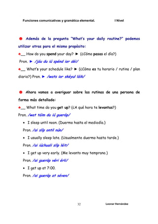 Funciones comunicativas y gramática elemental. I Nivel
Leonar Hernández
32
☻ Además de la pregunta “What’s your daily routine?” podemos
utilizar otras para el mismo propósito:
♣__ How do you spend your day? ► (¿Cómo pasas el día?)
Pron. ► /jáu du iú spénd ior déi/
♣__ What’s your schedule like? ► (¿Cómo es tu horario / rutina / plan
diario?) Pron. ► /wats ior skéyul láik/
☻ Ahora vamos a averiguar sobre las rutinas de una persona de
forma más detallada:
♣__ What time do you get up? (¿A qué hora te levantas?)
Pron. /wat táim du iú gueróp/
• I sleep until noon. (Duermo hasta el mediodía.)
Pron. /ai slíp ontil nún/
• I usually sleep late. (Usualmente duermo hasta tarde.)
Pron. /ai iúchuali slíp léit/
• I get up very early. (Me levanto muy temprano.)
Pron. /ai gueróp véri érli/
• I get up at 7:00.
Pron. /ai gueróp at séven/
 