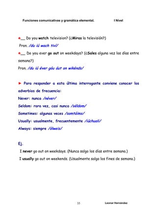 Funciones comunicativas y gramática elemental. I Nivel
Leonar Hernández
35
♣__ Do you watch television? (¿Miras la televisión?)
Pron. /du iú wach tiví/
♣__ Do you ever go out on weekdays? (¿Sales alguna vez los días entre
semana?)
Pron. /du iú éver góu áut on wikénds/
► Para responder a esta última interrogante conviene conocer los
adverbios de frecuencia:
Never: nunca /néver/
Seldom: rara vez, casi nunca /séldom/
Sometimes: algunas veces /somtáims/
Usually: usualmente, frecuentemente /iúchuali/
Always: siempre /ólweis/
Ej.
I never go out on weekdays. (Nunca salgo los días entre semana.)
I usually go out on weekends. (Usualmente salgo los fines de semana.)
 