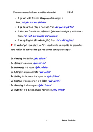 Funciones comunicativas y gramática elemental. I Nivel
Leonar Hernández
37
• I go out with friends. (Salgo con los amigos.)
Pron. /ai góu áut wiz frénds/
• I go to parties. (Voy a fiestas.) Pron. /ai góu tu pártis/
• I visit my friends and relatives. (Visito mis amigos y parientes.)
Pron. /ai vísit mai frénds and rélativs/
• I study English. (Estudio inglés.) Pron. /ai stódi ínglich/
► El verbo “go” –que significa “ir”- usualmente va seguido de gerundios
para hablar de actividades que realizamos como pasatiempos:
Go dancing: ir a bailar /góu dánsin/
Go skiing: ir a esquiar /góu skí-in/
Go swimming: ir a nadar /góu suímin/
Go hiking: ir a una caminata /góu jáikin/
Go fishing: ir de pesca / ir a pescar /góu fíchin/
Go hunting: ir de cacería / ir a cazar /góu jóntin/
Go shopping: ir de compras /góu chópin/
Go clubbing: ir a discos, clubes nocturnos /góu klóbin/
 