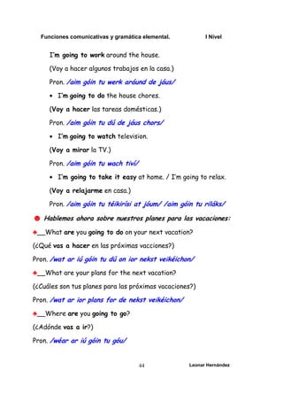 Funciones comunicativas y gramática elemental. I Nivel
Leonar Hernández
44
I’m going to work around the house.
(Voy a hacer algunos trabajos en la casa.)
Pron. /aim góin tu werk aráund de jáus/
• I’m going to do the house chores.
(Voy a hacer las tareas domésticas.)
Pron. /aim góin tu dú de jáus chors/
• I’m going to watch television.
(Voy a mirar la TV.)
Pron. /aim góin tu wach tiví/
• I’m going to take it easy at home. / I’m going to relax.
(Voy a relajarme en casa.)
Pron. /aim góin tu téikirísi at jóum/ /aim góin tu riláks/
☻ Hablemos ahora sobre nuestros planes para las vacaciones:
♣__What are you going to do on your next vacation?
(¿Qué vas a hacer en las próximas vacciones?)
Pron. /wat ar iú góin tu dú on ior nekst veikéichon/
♣__What are your plans for the next vacation?
(¿Cuáles son tus planes para las próximas vacaciones?)
Pron. /wat ar ior plans for de nekst veikéichon/
♣__Where are you going to go?
(¿Adónde vas a ir?)
Pron. /wéar ar iú góin tu góu/
 