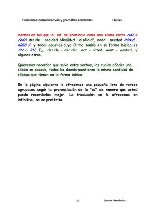 Funciones comunicativas y gramática elemental. I Nivel
Leonar Hernández
48
Verbos en los que la “ed” se pronuncia como una sílaba extra /id/ o
/ed/: decide – decided /disáided – disáidid/, need – needed /níded –
nídid / y todos aquellos cuyo último sonido en su forma básica es
/t/ o /d/, Ej., decide – decided, act – acted, want – wanted, y
algunos otros.
Queremos recordar que salvo estos verbos, los cuales añaden una
sílaba en pasado, todos los demás mantienen la misma cantidad de
sílabas que tienen en la forma básica.
En la página siguiente le ofrecemos una pequeña lista de verbos
agrupados según la pronunciación de la “ed” de manera que usted
pueda recordarlos mejor. La traducción se la ofrecemos en
infinitivo, no en pretérito.
 
