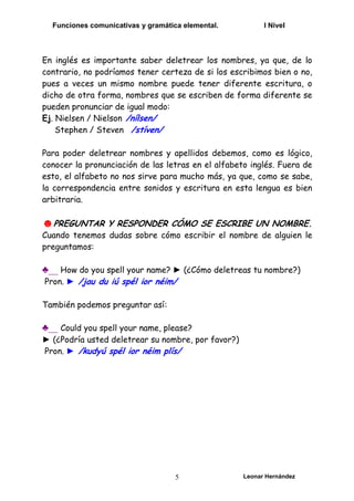 Funciones comunicativas y gramática elemental. I Nivel
Leonar Hernández
5
En inglés es importante saber deletrear los nombres, ya que, de lo
contrario, no podríamos tener certeza de si los escribimos bien o no,
pues a veces un mismo nombre puede tener diferente escritura, o
dicho de otra forma, nombres que se escriben de forma diferente se
pueden pronunciar de igual modo:
Ej. Nielsen / Nielson /nílsen/
Stephen / Steven /stíven/
Para poder deletrear nombres y apellidos debemos, como es lógico,
conocer la pronunciación de las letras en el alfabeto inglés. Fuera de
esto, el alfabeto no nos sirve para mucho más, ya que, como se sabe,
la correspondencia entre sonidos y escritura en esta lengua es bien
arbitraria.
☻PREGUNTAR Y RESPONDER CÓMO SE ESCRIBE UN NOMBRE.
Cuando tenemos dudas sobre cómo escribir el nombre de alguien le
preguntamos:
♣__ How do you spell your name? ► (¿Cómo deletreas tu nombre?)
Pron. ► /jau du iú spél ior néim/
También podemos preguntar así:
♣__ Could you spell your name, please?
► (¿Podría usted deletrear su nombre, por favor?)
Pron. ► /kudyú spél ior néim plís/
 