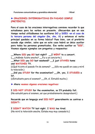 Funciones comunicativas y gramática elemental. I Nivel
Leonar Hernández
50
► ORACIONES INTERROGATIVAS EN PASADO SIMPLE
(PRETÉRITO)
Para el caso de las oraciones interrogativas conviene recordar lo que
estudiamos para los verbos en presente. ¿Recuerdan que en ese
tiempo verbal utilizábamos los auxiliares DO y DOES –en el caso de
la tercera persona del singular (he, she, it) y entonces el verbo
principal quedaba en su forma básica? Pues bien, con el pretérito
sucede algo similar, salvo que en este caso habrá un único auxiliar
para todas las personas gramaticales. Ese verbo auxiliar es “DID”.
Veamos algunos ejemplos con preguntas y respuestas:
__Where DID you GO last night? __I WENT to a concert.
(__¿Adónde fuiste anoche? __Fui a un concierto.)
__What DID you DO last weekend? __I just STAYED home
and WATCHED TV.
(¿Qué hiciste el pasado fin de semana? __Sólo me quedé en casa y miré
la televisión.)
__Did you STUDY for the examination? __Oh, yes, I STUDIED a
lot.
(¿Estudiaste para el examen? __Oh, sí. Estudié mucho.)
► Ahora veamos algunas oraciones negativas:
I DID NOT STUDY for the examination, so I’ll probably fail.
(No estudié para el examen, asi que probablemente desaprobaré.)
Recuerde que en lenguaje oral DID NOT generalmente se contrae a
DIDN’T:
I DIDN’T WATCH TV last night. I WAS too tired.
(No miré la televisión anoche. Estaba muy muy cansado/a.)
 