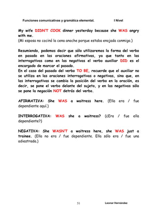 Funciones comunicativas y gramática elemental. I Nivel
Leonar Hernández
51
My wife DIDN’T COOK dinner yesterday because she WAS angry
with me.
(Mi esposa no cocinó la cena anoche porque estaba enojada conmigo.)
Resumiendo, podemos decir que sólo utilizaremos la forma del verbo
en pasado en las oraciones afirmativas, ya que tanto en las
interrogativas como en las negativas el verbo auxiliar DID es el
encargado de marcar el pasado.
En el caso del pasado del verbo TO BE, recuerde que el auxiliar no
se utiliza en las oraciones interrogativas o negativas, sino que, en
las interrogativas se cambia la posición del verbo en la oración, es
decir, se pone el verbo delante del sujeto, y en las negativas sólo
se pone la negación NOT detrás del verbo.
AFIRMATIVA: She WAS a waitress here. (Ella era / fue
dependiente aquí.)
INTERROGATIVA: WAS she a waitress? (¿Era / fue ella
dependiente?)
NEGATIVA: She WASN’T a waitress here, she WAS just a
trainee. (Ella no era / fue dependiente. Ella sólo era / fue una
adiestrada.)
 