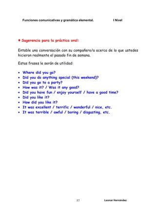 Funciones comunicativas y gramática elemental. I Nivel
Leonar Hernández
57
♦ Sugerencia para la práctica oral:
Entable una conversación con su compañero/a acerca de lo que ustedes
hicieron realmente el pasado fin de semana.
Estas frases le serán de utilidad:
• Where did you go?
• Did you do anything special (this weekend)?
• Did you go to a party?
• How was it? / Was it any good?
• Did you have fun / enjoy yourself / have a good time?
• Did you like it?
• How did you like it?
• It was excellent / terrific / wonderful / nice, etc.
• It was terrible / awful / boring / disgusting, etc.
 