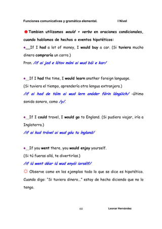 Funciones comunicativas y gramática elemental. I Nivel
Leonar Hernández
60
☻Tambien utilizamos would + verbo en oraciones condicionales,
cuando hablamos de hechos o eventos hipotéticos:
♠__If I had a lot of money, I would buy a car. (Si tuviera mucho
dinero compraría un carro.)
Pron. /if ai jad e lótov móni ai wud bái e kar/
♠__If I had the time, I would learn another foreign language.
(Si tuviera el tiempo, aprendería otra lengua extranjera.)
/if ai had de táim ai wud lern anóder fórin lángϋich/ -último
sonido sonoro, como /y/.
♠__If I could travel, I would go to England. (Si pudiera viajar, iría a
Inglaterra.)
/if ai kud trável ai wud góu tu íngland/
♠__If you went there, you would enjoy yourself.
(Si tú fueras allá, te divertirías.)
/if iú went déar iú wud enyói iorsélf/
☼ Observe como en los ejemplos todo lo que se dice es hipotético.
Cuando digo: “Si tuviera dinero...” estoy de hecho diciendo que no lo
tengo.
 
