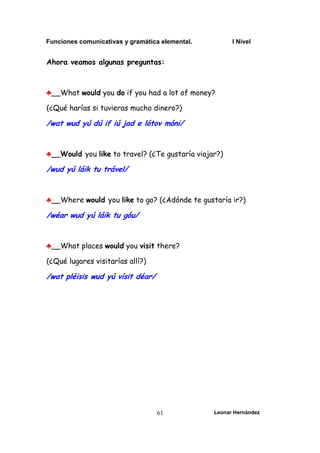 Funciones comunicativas y gramática elemental. I Nivel
Leonar Hernández
61
Ahora veamos algunas preguntas:
♣__What would you do if you had a lot of money?
(¿Qué harías si tuvieras mucho dinero?)
/wat wud yú dú if iú jad e lótov móni/
♣__Would you like to travel? (¿Te gustaría viajar?)
/wud yú láik tu trável/
♣__Where would you like to go? (¿Adónde te gustaría ir?)
/wéar wud yú láik tu góu/
♣__What places would you visit there?
(¿Qué lugares visitarías allí?)
/wat pléisis wud yú vísit déar/
 
