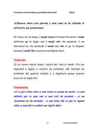 Funciones comunicativas y gramática elemental. I Nivel
Leonar Hernández
62
☻Observe ahora este párrafo y note como se ha utilizado la
estructura que presentamos:
If I had a lot of money, I would travel all around the world. I would
definitely go to Egypt and I would visit the pyramids. I am
fascinated by the pyramids! I would also like to go to England,
because I would like to practice my English there.
Traducción:
(Si yo tuviera mucho dinero, viajaría por todo el mundo. Iría con
seguridad a Egipto y visitaría las pirámides. ¡Me fascinan las
pirámides! Me gustaría también ir a Inglaterra porque quisiera
practicar mi inglés allí.)
Pronunciación:
/if ai jad e lótov móni ai wud trável ol aráund de werld – ai wud
définitli góu tu íyipt and ai wud vísit de píramids – ai am
fasinéited bai de píramids – ai wud ólsou láik tu góu tu íngland
bikós ai wud láik tu práktis mai ínglich déar/
 