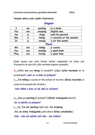Funciones comunicativas y gramática elemental. I Nivel
Leonar Hernández
64
Veamos ahora este cuadro ilustrativo:
Singular
I am working in a hotel.
You are studying English now.
He is living with his parents
She is taking a vacation at the moment.
It is raining a lot this month
Plural
We are taking a course.
You are reading a good book
They are having a good time
Como quiera que esta forma verbal compuesta no tiene uan
frecuencia de uso alta, sólo veremos algunos ejemplos:
♣__What are you doing at present? (¿Qué estás haciendo en la
actualidad?) /wat ar iú dúin at présent/
♠__I’m taking a course at the school of tourism. (Estoy haciendo un
curso en la escuela de turismo.)
/aim téikin e kors at de skúl ov turísem/
♣__Are you working at present? (¿Estás trabajando ahora?)
/ar iú wérkin at présent/
♠__No, I’m not working right now. I’m studying.
(No, no estoy trabajando justo ahora. Estoy estudiando.)
/nóu – aim not wérkin ráit náu – aim stódin/
 