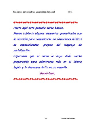 Funciones comunicativas y gramática elemental. I Nivel
Leonar Hernández
66
♣♥♠♣♥♠♣♥♠♣♥♠♣♥♠♣♥♠♣♥♠♣♥♠♣♥♠♣♥♠♣♥♠♣♥♠
Hasta aquí este pequeño curso básico.
Hemos cubierto algunos elementos gramaticales que
le servirán para comunicarse en situaciones básicas
no especializadas, propias del lenguaje de
socialización.
Esperamos que el curso le haya dado cierta
preparación para adentrarse más en el idioma
inglés y le deseamos éxito en su empeño.
Good-bye.
♣♥♠♣♥♠♣♥♠♣♥♠♣♥♠♣♥♠♣♥♠♣♥♠♣♥♠♣♥♠♣♥♠♣♥♠
 