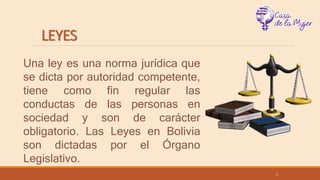 LEYES
1
Una ley es una norma jurídica que
se dicta por autoridad competente,
tiene como fin regular las
conductas de las personas en
sociedad y son de carácter
obligatorio. Las Leyes en Bolivia
son dictadas por el Órgano
Legislativo.
 