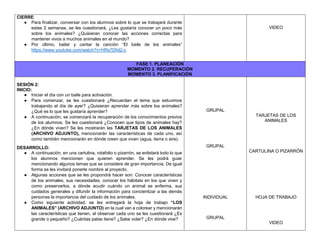 CIERRE:
● Para finalizar, conversar con los alumnos sobre lo que se trabajará durante
estas 2 semanas, se les cuestionará, ¿Les gustaría conocer un poco más
sobre los animales? ¿Quisieran conocer las acciones correctas para
mantener vivos a muchos animales en el mundo?
● Por último, bailar y cantar la canción “El baile de los animales”
https://www.youtube.com/watch?v=HRs7Dfxl2-c
VIDEO
FASE 1. PLANEACIÓN
MOMENTO 2. RECUPERACIÓN
MOMENTO 3. PLANIFICACIÓN
SESIÓN 2:
INICIO:
● Iniciar el día con un baile para activación.
● Para comenzar, se les cuestionará ¿Recuerdan el tema que estuvimos
trabajando el día de ayer? ¿Quisieran aprender más sobre los animales?
¿Qué es lo que les gustaría aprender?
● A continuación, se comenzará la recuperación de los conocimientos previos
de los alumnos. Se les cuestionará ¿Conocen que tipos de animales hay?
¿En dónde viven? Se les mostrarán las TARJETAS DE LOS ANIMALES
(ARCHIVO ADJUNTO), mencionarán las características de cada uno, así
como también mencionarán en dónde creen que viven (agua, tierra o aire).
DESARROLLO:
● A continuación, en una cartulina, rotafolio o pizarrón, se enlistará todo lo que
los alumnos mencionen que quieren aprender. Se les podrá guiar
mencionando algunos temas que se considere de gran importancia. De igual
forma se les invitará ponerle nombre al proyecto.
● Algunas acciones que se les propondrá hacer son: Conocer características
de los animales, sus necesidades, conocer los hábitats en los que viven y
como preservarlos, a dónde acudir cuándo un animal se enferma, sus
cuidados generales y difundir la información para concientizar a las demás
personas la importancia del cuidado de los animales.
● Como siguiente actividad, se les entregará la hoja de trabajo “LOS
ANIMALES” (ARCHIVO ADJUNTO) en la cual van a colorear y mencionarán
las características que tienen, al observar cada uno se les cuestionará ¿Es
grande o pequeño? ¿Cuántas patas tiene? ¿Sabe volar? ¿En dónde vive?
GRUPAL
GRUPAL
INDIVIDUAL
GRUPAL
TARJETAS DE LOS
ANIMALES
CARTULINA O PIZARRÓN
HOJA DE TRABAJO
VIDEO
 