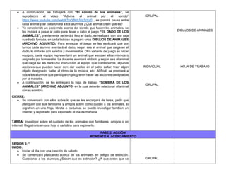 ● A continuación, se trabajará con “El sonido de los animales”, se
reproducirá el video “Adivina el animal por el sonido”
https://www.youtube.com/watch?v=YNzUVg3zXs0 , se pondrá pausa entre
cada animal y se cuestionará a los alumnos ¿Qué animal creen que es?
● Ya conociendo un poco más acerca del sonido que hacen los animales, se
les invitará a pasar al patio para llevar a cabo el juego “EL DADO DE LOS
ANIMALES”, previamente se tendrá listo el dado, se realizará con una caja
cuadrada forrada, en cada lado se le pegará unos DIBUJOS DE ANIMALES
(ARCHIVO ADJUNTO). Para empezar el juego se les explicará que por
turnos cada alumno aventará el dado, según sea el animal que caiga en el
dado, lo imitarán con sonidos y movimientos. Otra variante del juego es hacer
equipos, cada equipo representará un animal que escojan ellos mismos o
asignado por la maestra. La docente aventará el dado y según sea el animal
que caiga se les dará una instrucción al equipo que corresponde, algunas
acciones que pueden hacer son: dar vueltas en el patio, saltar, traer algún
objeto designado, bailar al ritmo de la música, etc. Al final, se premiará a
todos los alumnos que participaron y lograron hacer las acciones designadas
por la maestra.
● A continuación, se les entregará la hoja de trabajo “SOMBRA DE LOS
ANIMALES” (ARCHIVO ADJUNTO) en la cual deberán relacionar el animal
con su sombra.
CIERRE:
● Se conversará con ellos sobre lo que se les encargará de tarea, pedir que
platiquen con sus familiares y amigos sobre como cuidan a los animales, lo
registren en una hoja, libreta o cartulina, se puede investigar también en
internet y registrarlo para exponerlo el día de mañana.
TAREA: Investigar sobre el cuidado de los animales con familiares, amigos o en
internet. Registrarlo en una hoja o cartulina para exponerlo.
GRUPAL
INDIVIDUAL
GRUPAL
DIBUJOS DE ANIMALES
HOJA DE TRABAJO
FASE 2. ACCIÓN
MOMENTO 4. ACERCAMIENTO
SESIÓN 3: “
INICIO:
● Iniciar el día con una canción de saludo.
● Se comenzará platicando acerca de los animales en peligro de extinción.
Cuestionar a los alumnos ¿Saben que es extinción? ¿A que creen que se GRUPAL
 