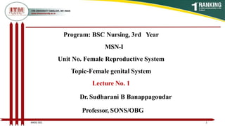 Program: BSC Nursing, 3rd Year
MSN-I
Unit No. Female Reproductive System
Topic-Female genital System
Lecture No. 1
Dr. Sudharani B Banappagoudar
Professor, SONS/OBG
1
BNSG 501
 