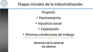 Etapas iníciales de la industrialización
Propició:
• Hacinamiento
• Injusticia social
• Explotación
• Pésimas condiciones de trabajo
Deterioro de la salud de
los obreros
 
