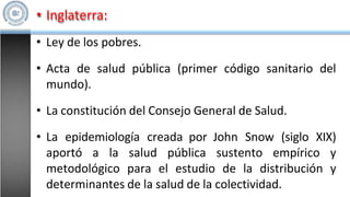• Inglaterra:
• Ley de los pobres.
• Acta de salud pública (primer código sanitario del
mundo).
• La constitución del Consejo General de Salud.
• La epidemiología creada por John Snow (siglo XIX)
aportó a la salud pública sustento empírico y
metodológico para el estudio de la distribución y
determinantes de la salud de la colectividad.
 