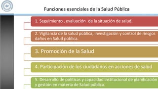 Funciones esenciales de la Salud Pública
1. Seguimiento , evaluación de la situación de salud.
2. Vigilancia de la salud pública, investigación y control de riesgos
daños en Salud pública.
3. Promoción de la Salud
4. Participación de los ciudadanos en acciones de salud
5. Desarrollo de políticas y capacidad institucional de planificación
y gestión en materia de Salud pública.
 