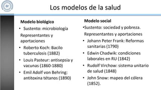 Los modelos de la salud
Modelo biológico
• Sustento: microbiología
Representantes y
aportaciones
• Roberto Koch: Bacilo
tuberculosis (1882)
• Louis Pasteur: antisepsia y
vacunas (1860-1880)
• Emil Adolf von Behring:
antitoxina tétanos (1890)
Modelo social
•Sustento: sociedad y pobreza.
Representantes y aportaciones
• Johann Peter Frank: Reformas
sanitarias (1790)
• Edwin Chadwik: condiciones
laborales en RU (1842)
• Rudolf Virchow: sistema unitario
de salud (1848)
• John Snow: mapeo del cólera
(1852).
 