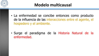 Modelo multicausal
• La enfermedad se concibe entonces como producto
de la influencia de las interacciones entre el agente, el
hospedero y el ambiente.
• Surge el paradigma de la Historia Natural de la
enfermedad.
 