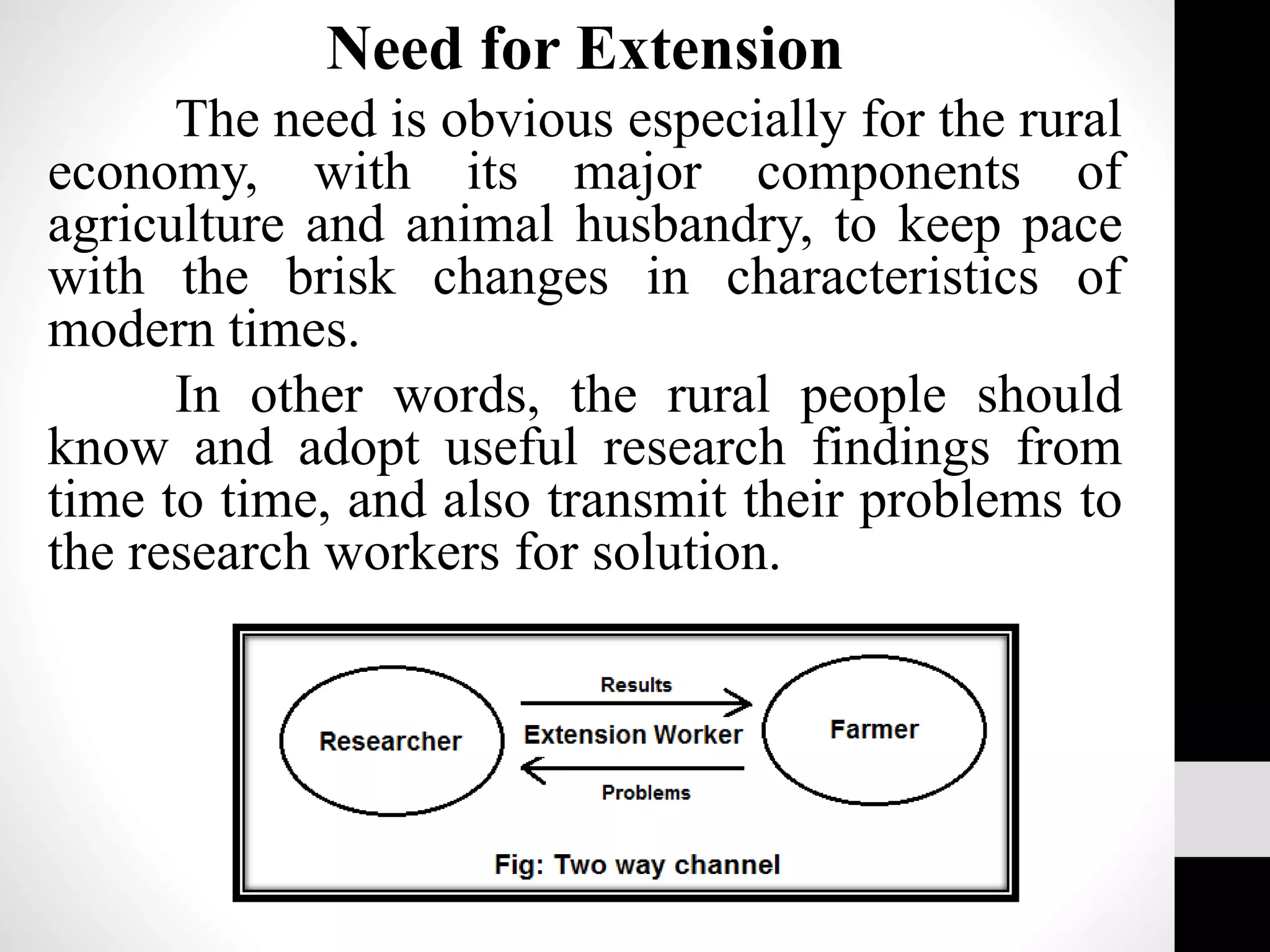 Need for Extension
The need is obvious especially for the rural
economy, with its major components of
agriculture and animal husbandry, to keep pace
with the brisk changes in characteristics of
modern times.
In other words, the rural people should
know and adopt useful research findings from
time to time, and also transmit their problems to
the research workers for solution.
 