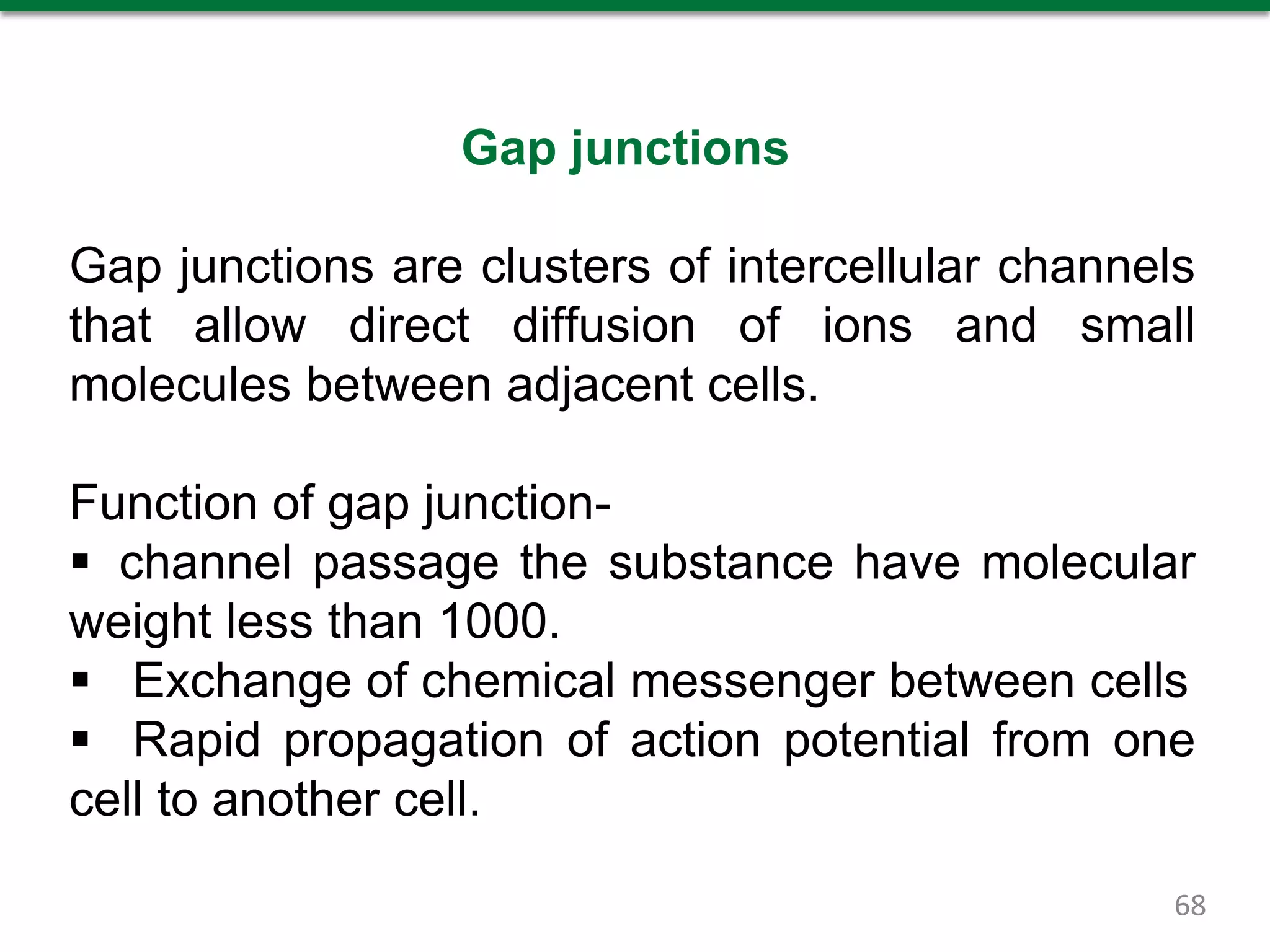 Gap junctions
Gap junctions are clusters of intercellular channels
that allow direct diffusion of ions and small
molecules between adjacent cells.
Function of gap junction-
 channel passage the substance have molecular
weight less than 1000.
 Exchange of chemical messenger between cells
 Rapid propagation of action potential from one
cell to another cell.
68
 