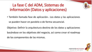 La fase C del ADM, Sistemas de
información (Datos y aplicaciones)
• También llamada fase de aplicación-. Los datos y las aplicaciones
se pueden hacer en paralelo o de forma secuencial.
Objetivo: Definir la arquitectura destino de los datos y aplicaciones
basándose en los objetivos del negocio, así como crear el roadmap
de los componentes de las mismas.
 