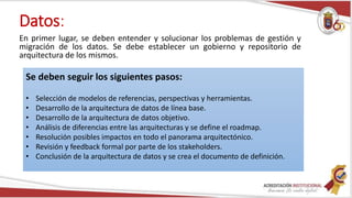 Datos:
En primer lugar, se deben entender y solucionar los problemas de gestión y
migración de los datos. Se debe establecer un gobierno y repositorio de
arquitectura de los mismos.
Se deben seguir los siguientes pasos:
• Selección de modelos de referencias, perspectivas y herramientas.
• Desarrollo de la arquitectura de datos de línea base.
• Desarrollo de la arquitectura de datos objetivo.
• Análisis de diferencias entre las arquitecturas y se define el roadmap.
• Resolución posibles impactos en todo el panorama arquitectónico.
• Revisión y feedback formal por parte de los stakeholders.
• Conclusión de la arquitectura de datos y se crea el documento de definición.
 