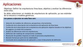 Aplicaciones
Objetivos: Definir las arquitecturas línea base, objetivo y analizar las diferencias
entre ellas.
Se debe seleccionar un modelo de arquitectura de aplicación, ya sea estándar
de la industria o modelos genéricos.
Los pasos a ejecutar en esta fase son:
• Selección de modelos de referencia, perspectivas y herramientas.
• Confección de la descripción de la arquitectura de aplicación de línea base.
• Confección de la descripción de la arquitectura de aplicación objetivo basada en los objetivos
de negocio y la visión de la empresa.
• Análisis las diferencias entre las arquitecturas.
• Definición del roadmap de componentes candidato.
• Resolución de posibles impactos en todo el panorama arquitectónico.
• Revisión formal por parte de los stakeholders.
• Conclusión de la arquitectura de aplicación y crear el documento de definición.
 