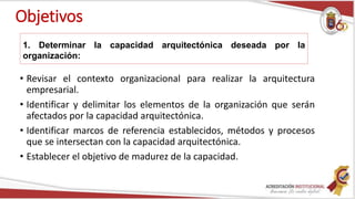 Objetivos
• Revisar el contexto organizacional para realizar la arquitectura
empresarial.
• Identificar y delimitar los elementos de la organización que serán
afectados por la capacidad arquitectónica.
• Identificar marcos de referencia establecidos, métodos y procesos
que se intersectan con la capacidad arquitectónica.
• Establecer el objetivo de madurez de la capacidad.
1. Determinar la capacidad arquitectónica deseada por la
organización:
 
