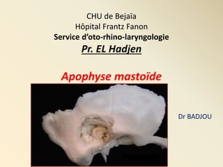 CHU de Bejaïa
Hôpital Frantz Fanon
Service d’oto-rhino-laryngologie
Pr. EL Hadjen
Apophyse mastoïde
Dr BADJOU
 