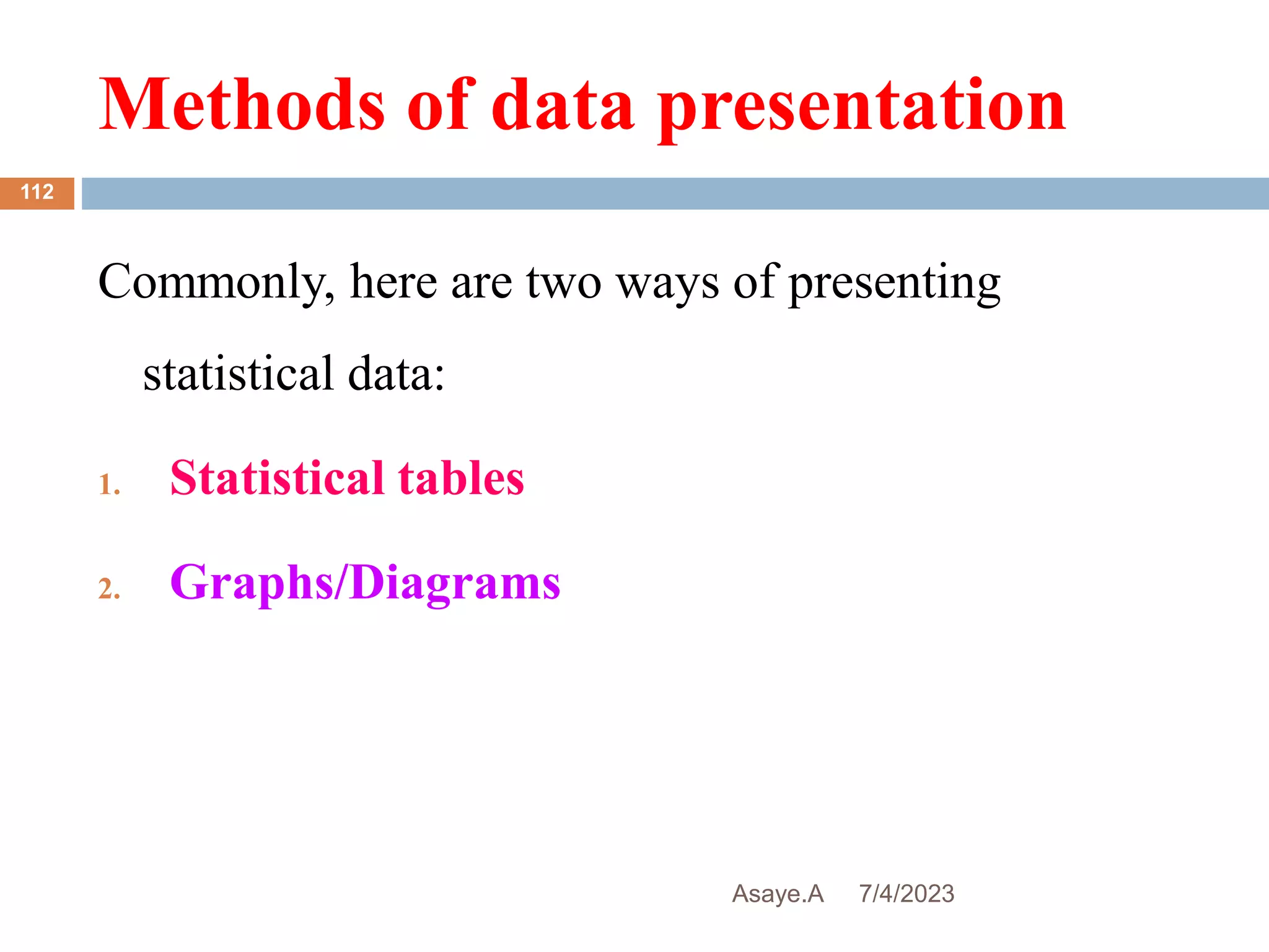 Methods of data presentation
7/4/2023
Asaye.A
112
Commonly, here are two ways of presenting
statistical data:
1. Statistical tables
2. Graphs/Diagrams
 