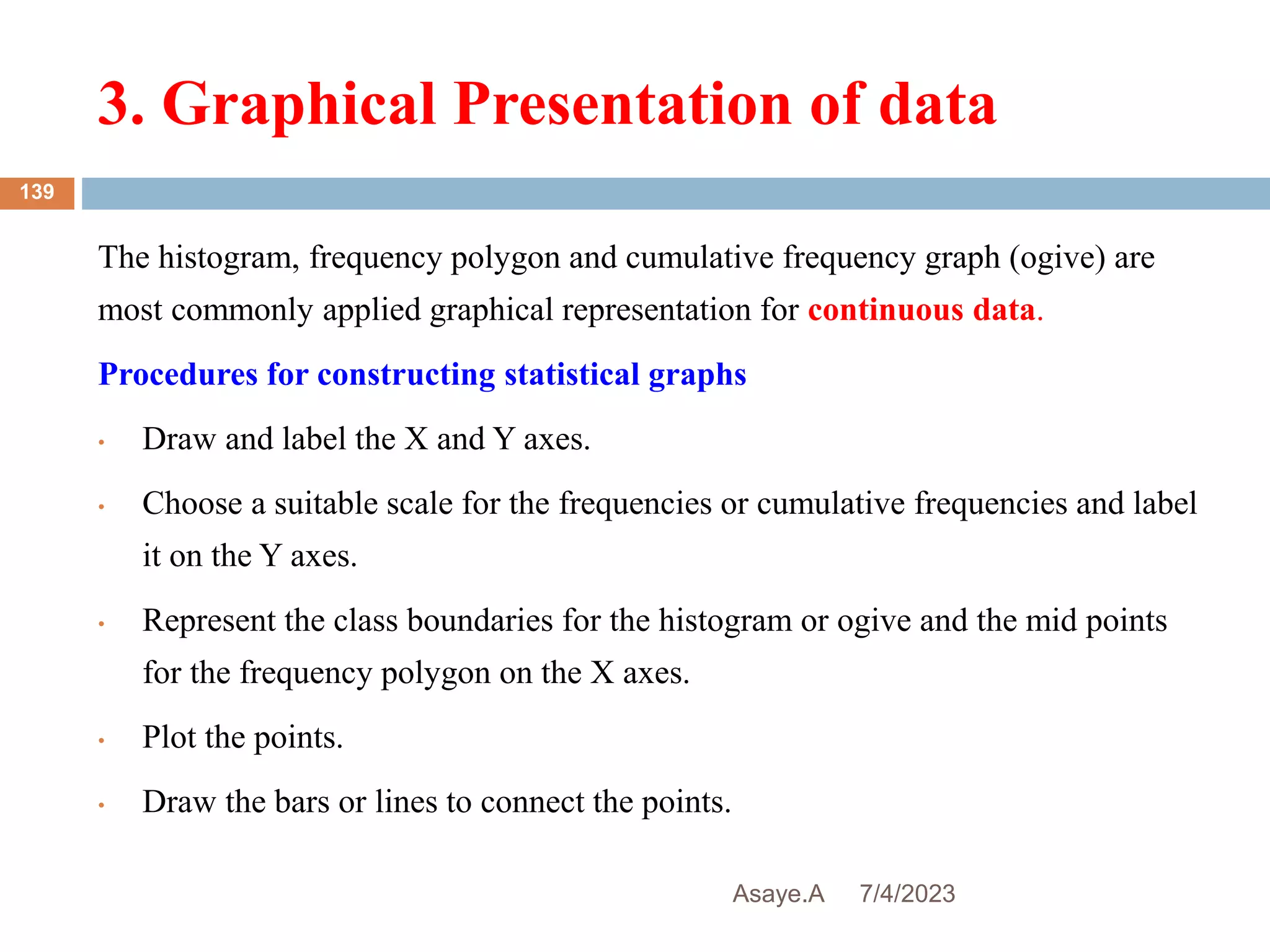 3. Graphical Presentation of data
7/4/2023
Asaye.A
139
The histogram, frequency polygon and cumulative frequency graph (ogive) are
most commonly applied graphical representation for continuous data.
Procedures for constructing statistical graphs
• Draw and label the X and Y axes.
• Choose a suitable scale for the frequencies or cumulative frequencies and label
it on the Y axes.
• Represent the class boundaries for the histogram or ogive and the mid points
for the frequency polygon on the X axes.
• Plot the points.
• Draw the bars or lines to connect the points.
 
