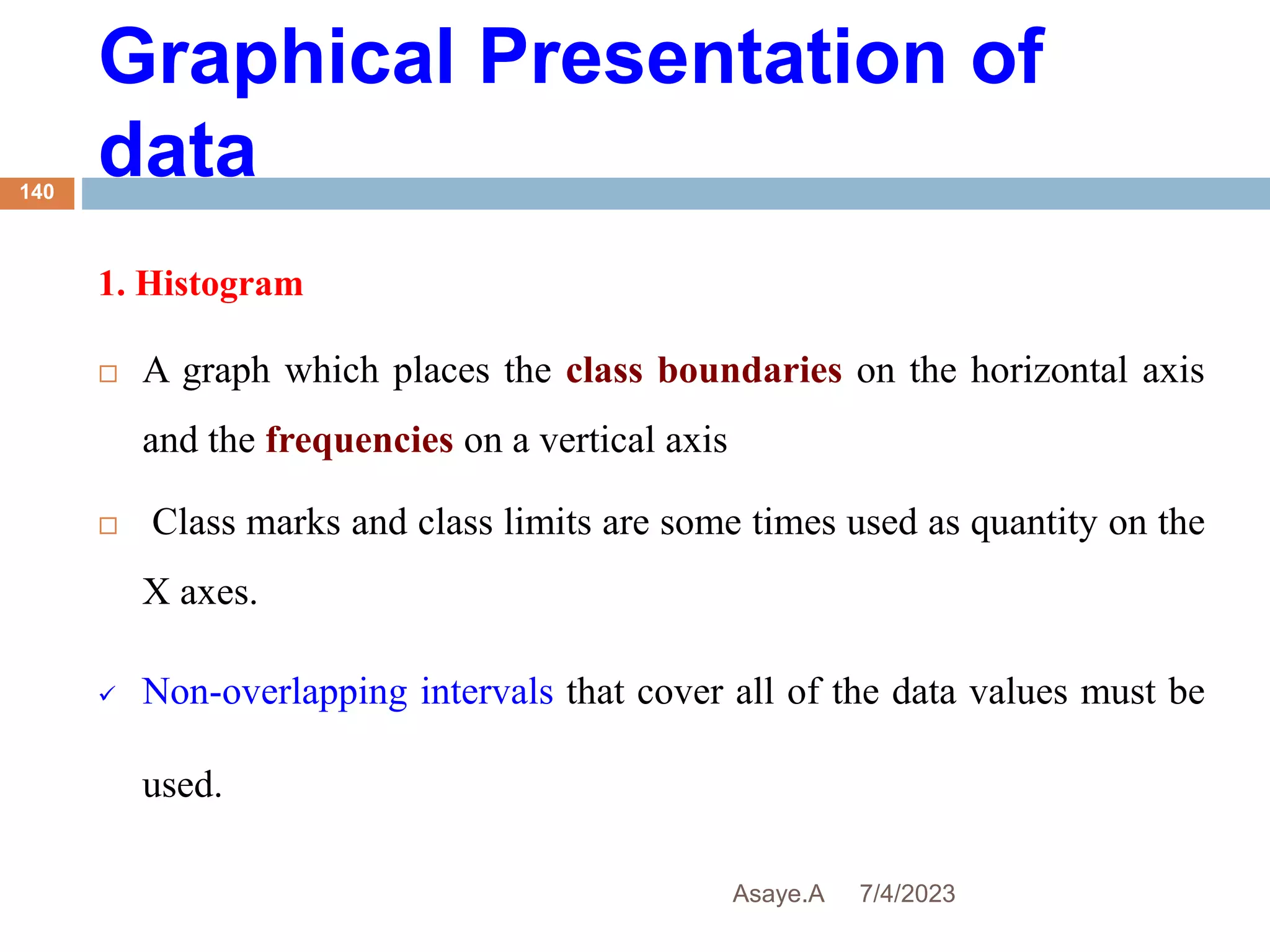Graphical Presentation of
data
7/4/2023
Asaye.A
140
1. Histogram
 A graph which places the class boundaries on the horizontal axis
and the frequencies on a vertical axis
 Class marks and class limits are some times used as quantity on the
X axes.
 Non-overlapping intervals that cover all of the data values must be
used.
 