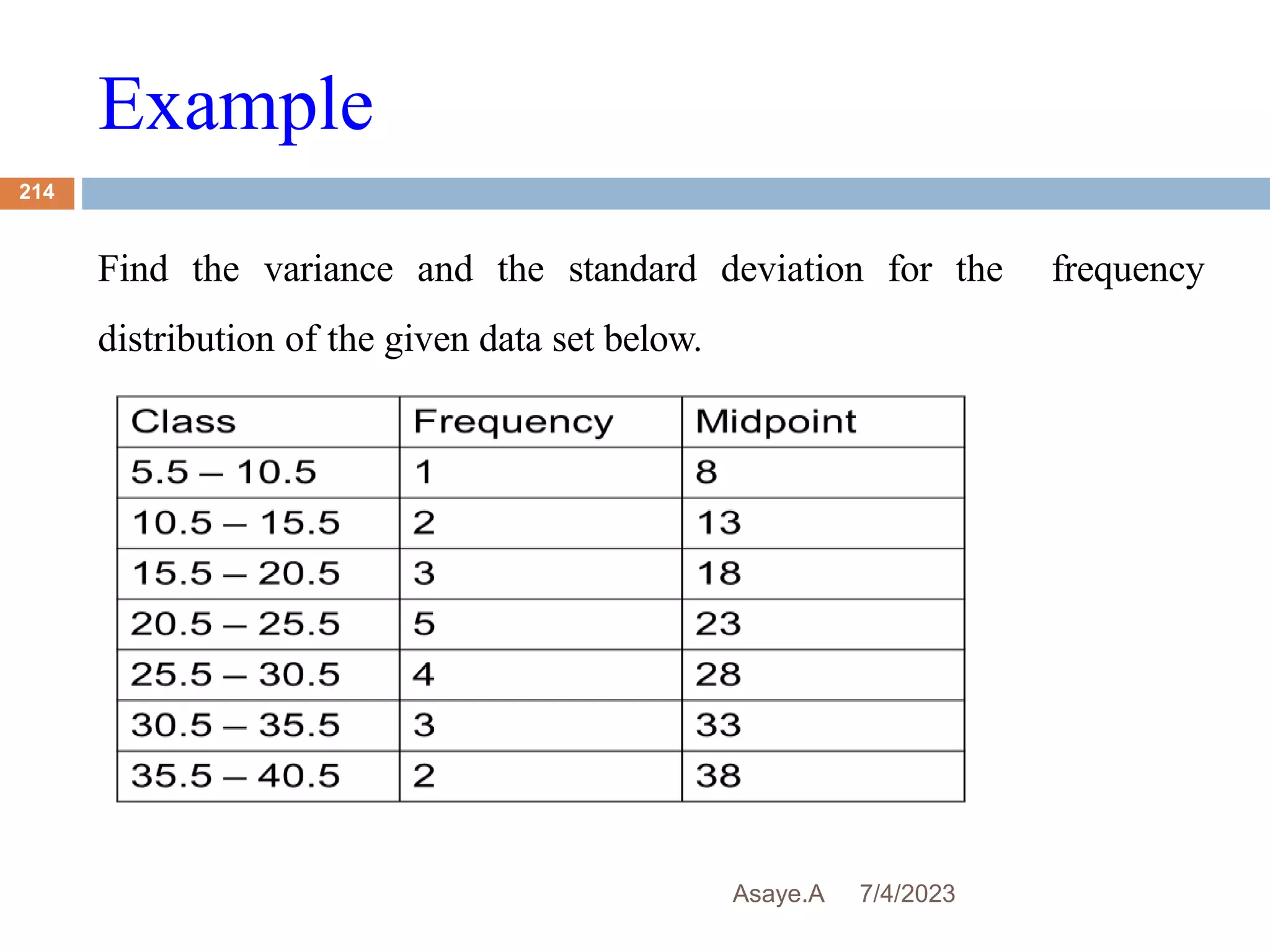 Example
7/4/2023
Asaye.A
214
Find the variance and the standard deviation for the frequency
distribution of the given data set below.
 