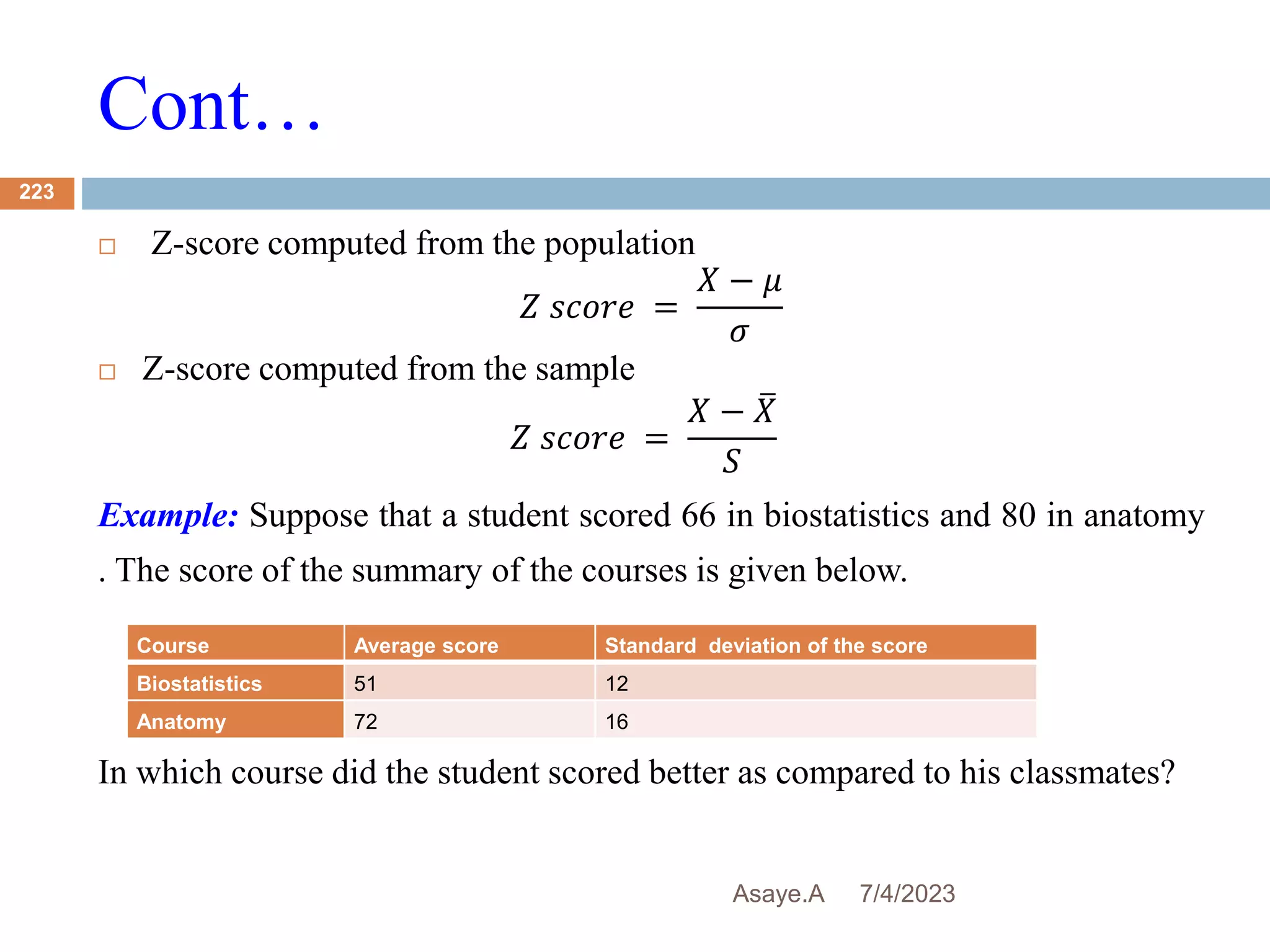 Cont…
7/4/2023
Asaye.A
223
 Z-score computed from the population
𝑍 𝑠𝑐𝑜𝑟𝑒 =
𝑋 − 𝜇
𝜎
 Z-score computed from the sample
𝑍 𝑠𝑐𝑜𝑟𝑒 =
𝑋 − 𝑋
𝑆
Example: Suppose that a student scored 66 in biostatistics and 80 in anatomy
. The score of the summary of the courses is given below.
In which course did the student scored better as compared to his classmates?
Course Average score Standard deviation of the score
Biostatistics 51 12
Anatomy 72 16
 