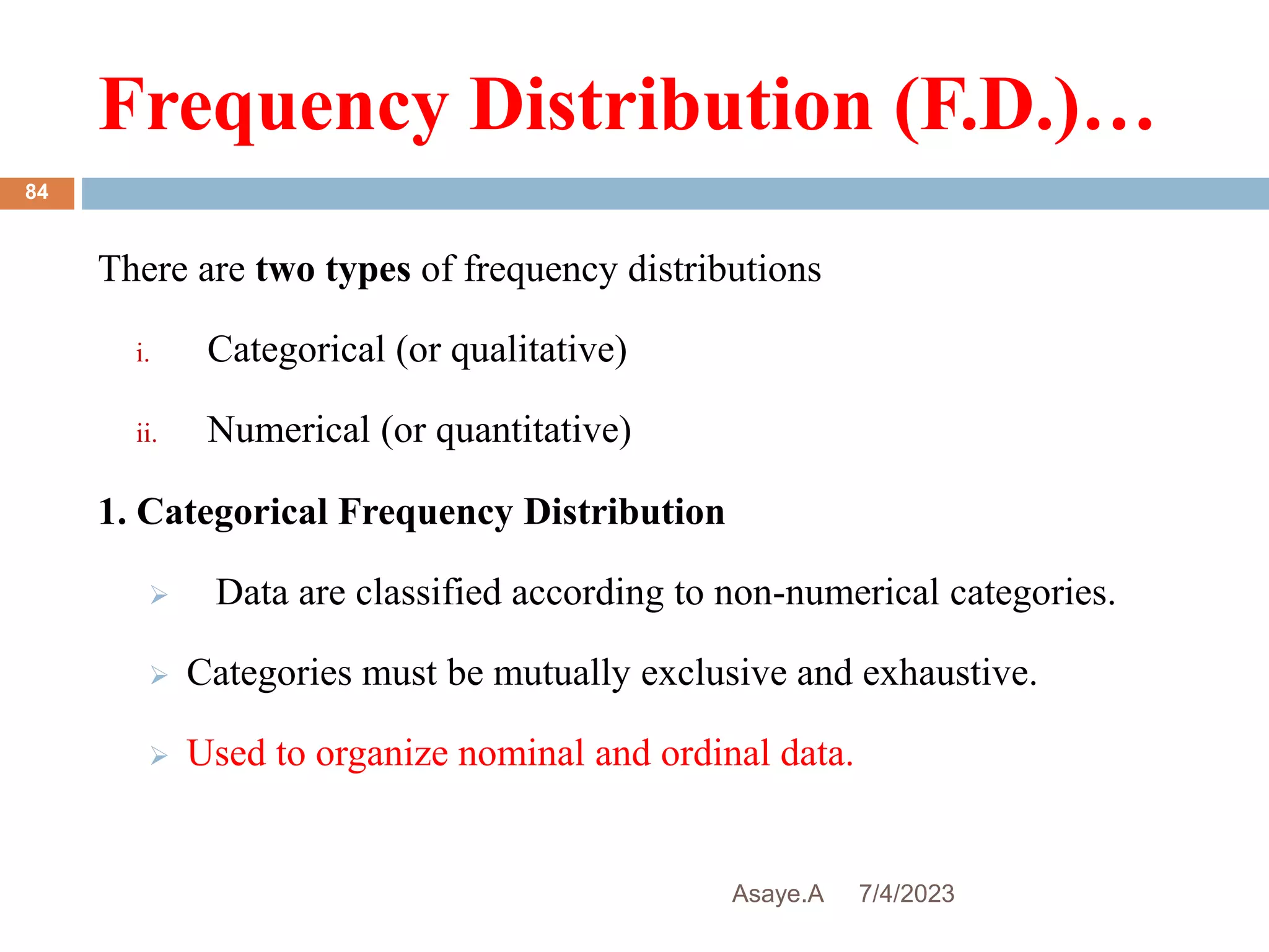 Frequency Distribution (F.D.)…
7/4/2023
Asaye.A
84
There are two types of frequency distributions
i. Categorical (or qualitative)
ii. Numerical (or quantitative)
1. Categorical Frequency Distribution
 Data are classified according to non-numerical categories.
 Categories must be mutually exclusive and exhaustive.
 Used to organize nominal and ordinal data.
 