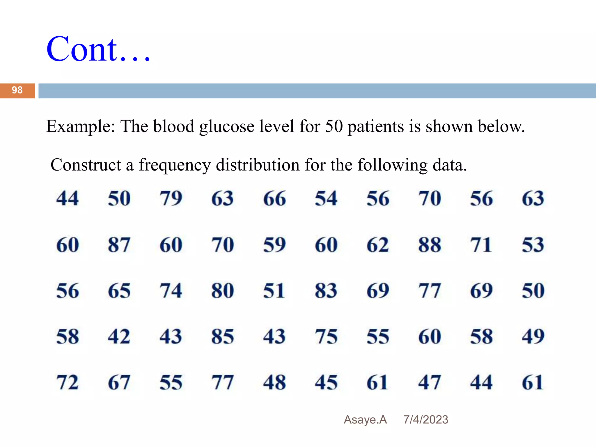 Cont…
7/4/2023
Asaye.A
98
Example: The blood glucose level for 50 patients is shown below.
Construct a frequency distribution for the following data.
 