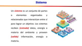 Sistema
Un sistema es un conjunto de partes
o elementos organizados y
relacionados que interactúan entre sí
para lograr un objetivo. Los sistemas
reciben (entrada) datos, energía o
materia del ambiente y proveen
(salida) información, energía o
materia.
 