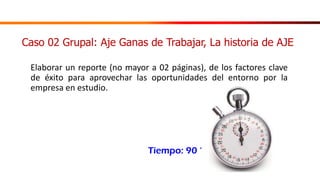 Elaborar un reporte (no mayor a 02 páginas), de los factores clave
de éxito para aprovechar las oportunidades del entorno por la
empresa en estudio.
Tiempo: 90 ‘
Caso 02 Grupal: Aje Ganas de Trabajar, La historia de AJE
 