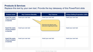 Products & Services
Replace this text by your own text. Provide the key takeaway of this PowerPoint slide
Product name Key Customer Benefits Key Features Unique Selling Proposition (USP)
Insert the name
of your product
or service
Insert your own text Insert your own text Insert your own text
Insert the name
of your product
or service
Insert your own text Insert your own text Insert your own text
Insert the name
of your product
or service
Insert your own text Insert your own text Insert your own text
Check the next slide for more
instructions regarding this slide
27
Part of the Corporate & Business Strategy Toolkit
 