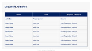 Document Audience
40
Name Role Required / Optional
John Doe Project Sponsor Required
Insert Name Insert role Insert Required or Optional
Insert Name Insert role Insert Required or Optional
Insert Name Insert role Insert Required or Optional
Insert Name Insert role Insert Required or Optional
Insert Name Insert role Insert Required or Optional
Insert Name Insert role Insert Required or Optional
Part of the Management Consulting Toolkit
 